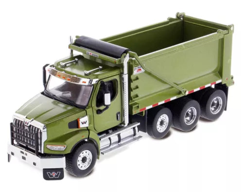 Olive green diecast dump truck with raised tandem dump bed and chrome grille
