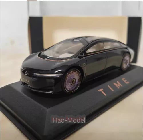 Black TIME 1:43 alloy diecast concept coupe model car with purple wheels on base