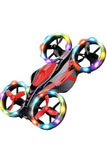 Red mini quadcopter drone with glowing LED propeller lights