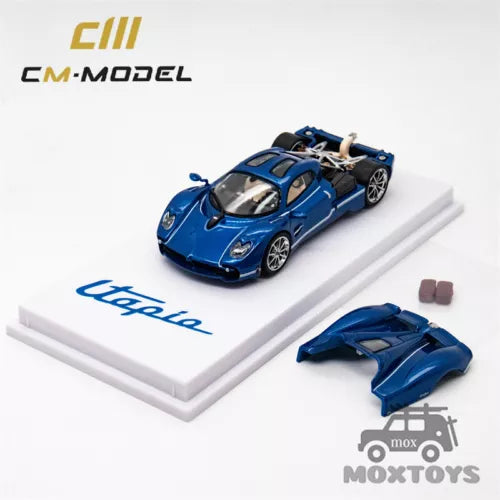 Diecast model car, metallic blue 1:64 scale, front and side view