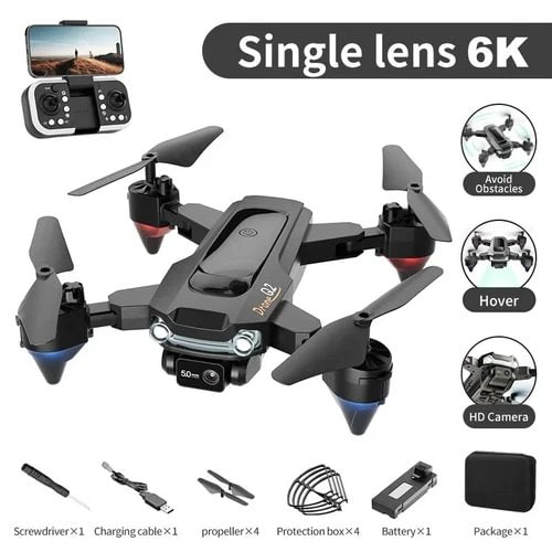 Folding quadcopter drone with front camera, four propellers, gray body and blue lights