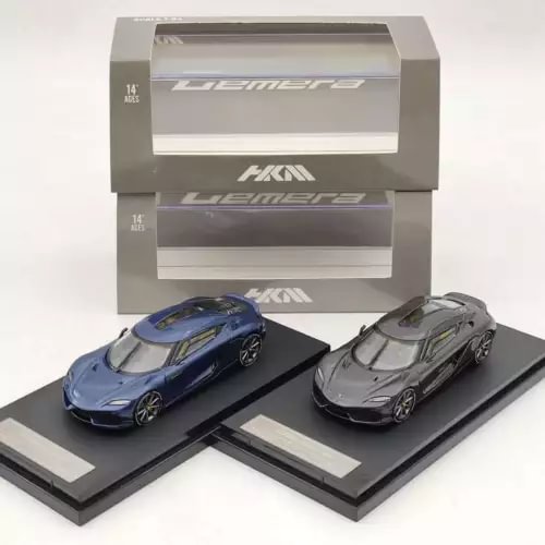 1/64 diecast supercar model set with two cars, blue and gray, on display bases