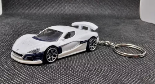 Diecast Rimac Nevera toy car keychain with white car and metal key ring
