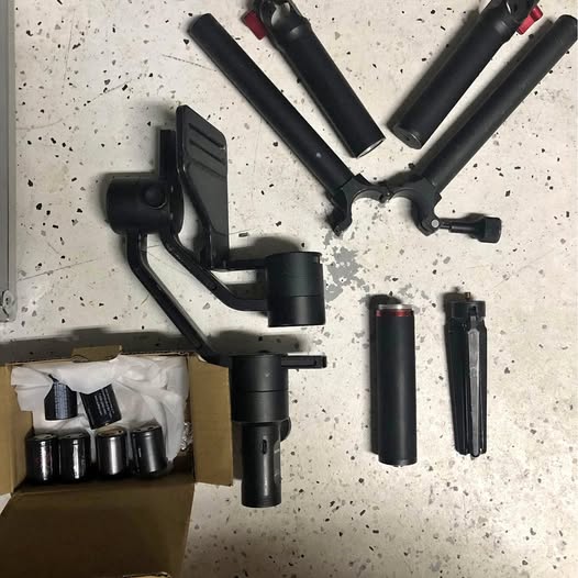 Drone gimbal stabilizer with unfolded arms and accessory modules