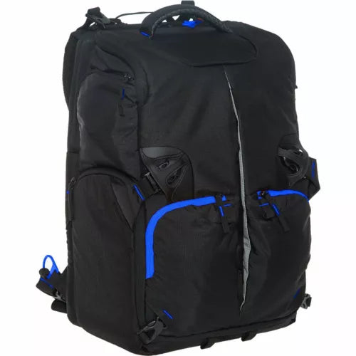 Black backpack with blue trim, zip compartments, and padded top handle.