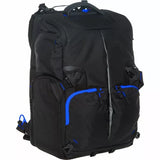 Black backpack with blue trim, zip compartments, and padded top handle.