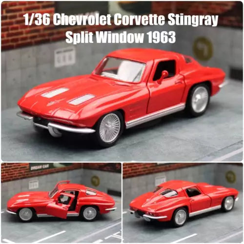 Red 1/36 scale Corvette Stingray diecast model car, front 3/4 view