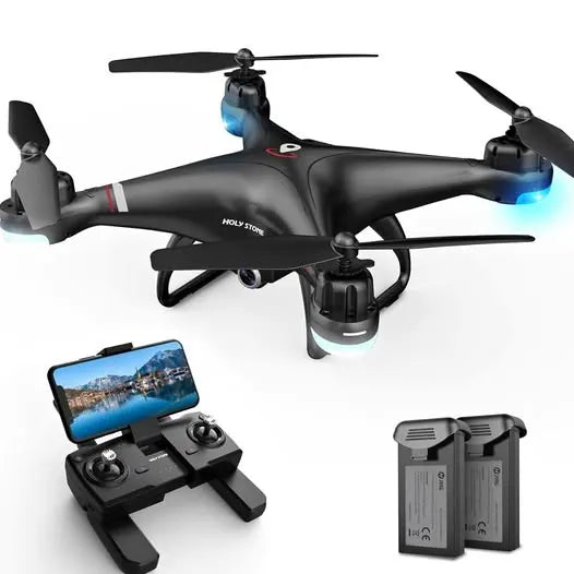 Black quadcopter drone with blue lights, controller, and two spare batteries