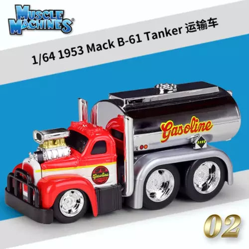 Diecast model oil tanker truck with red cab and silver gasoline tank, 1:64 scale
