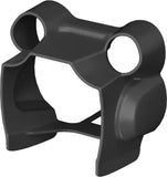 Black lens cap protector and sunshade with circular opening for camera lens