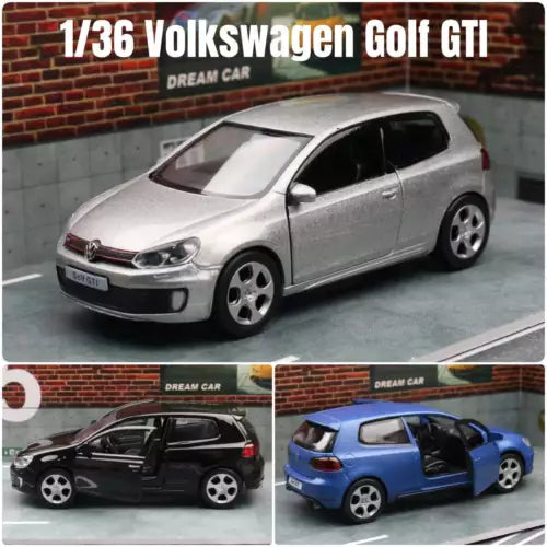 1:36 Volkswagen Golf GTI diecast model car, silver alloy wheels, front side view