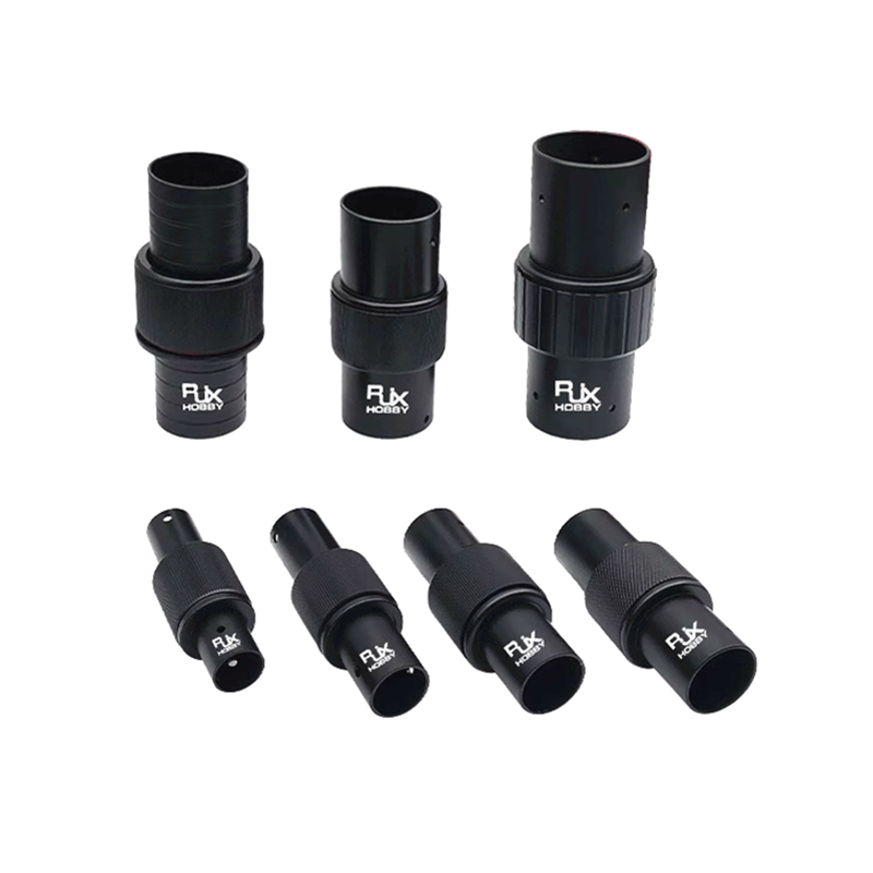 Set of black round tube connector clamps for folding drone arms, cylindrical ports