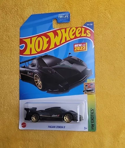 Hot Wheels car blister pack with matte black Pagani Zonda R toy vehicle