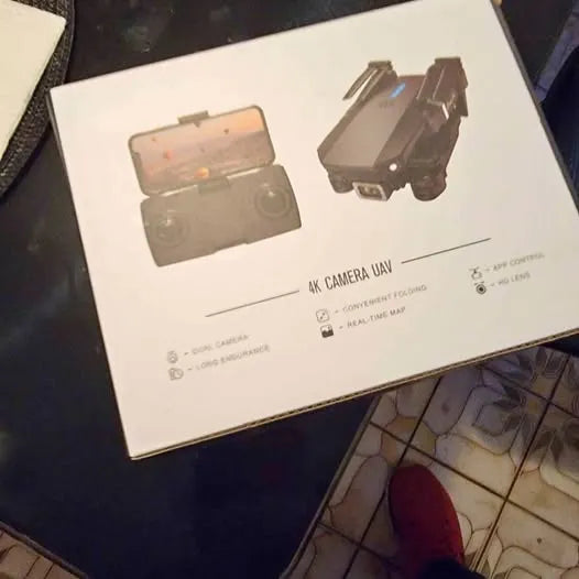 Drone packaging box with illustrated UAV and camera details