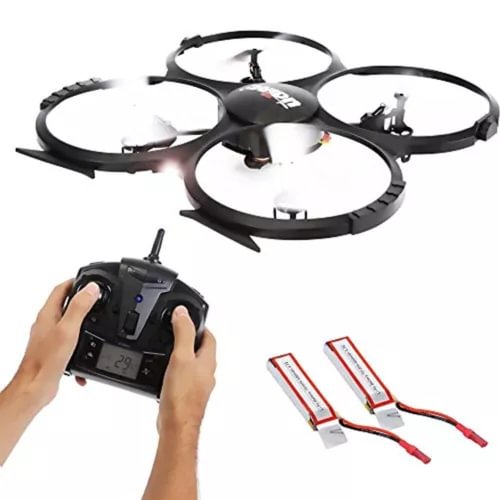 Quadcopter drone with HD camera, remote controller, and spare batteries