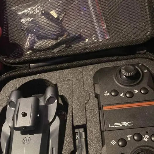 LSRC drone controller and folded drone with prop guards, gray