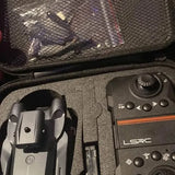 LSRC drone controller and folded drone with prop guards, gray