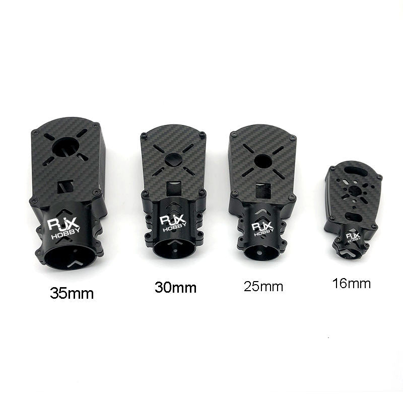 Drone motor mount seats 16mm–35mm, carbon-fiber look, screw holes