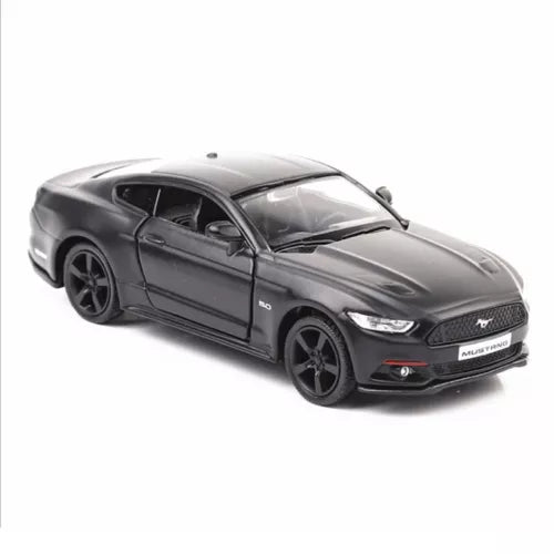 1:36 Ford Mustang diecast model car, metallic dark gray with black wheels