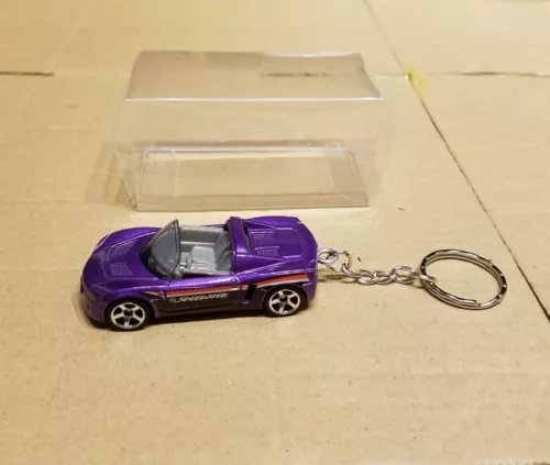 Purple diecast car keychain with silver wheels and metal chain with keyring