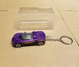 Purple diecast car keychain with silver wheels and metal chain with keyring