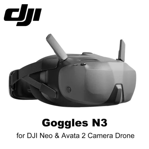 DJI Goggles N3 FPV headset with gray faceplate, side antennas, and padded strap