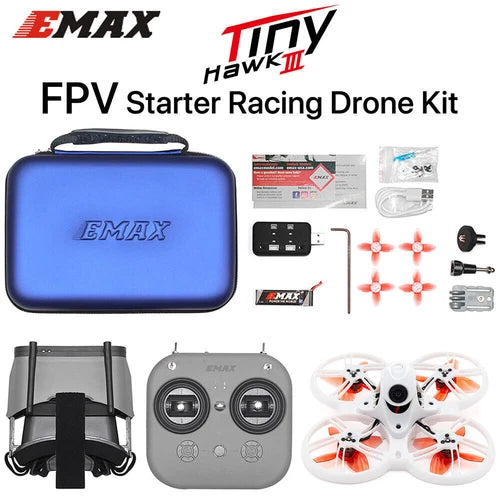 FPV starter racing drone kit with blue carry case, controller, and orange prop quadcopter