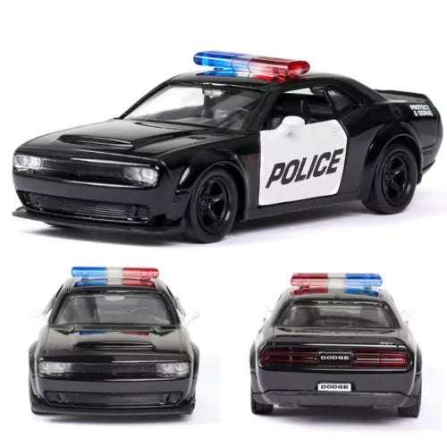 Black diecast police car model with POLICE door text and blue-red light bar