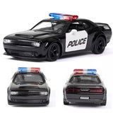 Black diecast police car model with POLICE door text and blue-red light bar