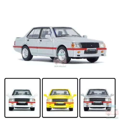 1:64 diecast model car, light gray with red stripe and front grille detail