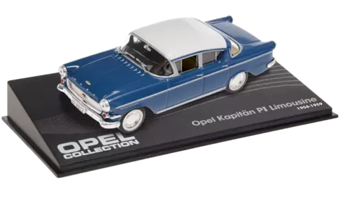 Blue 1:43 diecast limousine model car on Opel Collection display base, white roof