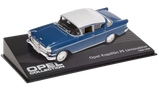 Blue 1:43 diecast limousine model car on Opel Collection display base, white roof