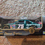 Diecast collector car replica with teal and black livery, #75 Morgan Shepherd