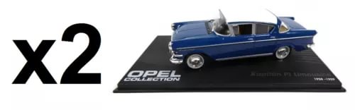 Set of 2 blue Opel Kapitan P1 sedan 1:43 diecast model cars on display bases
