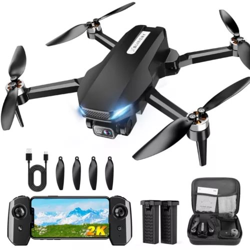 Black quadcopter drone with camera, four fold-out propellers and front LED light