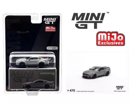 MINI GT 1:64 grey Ford Mustang GT LB-Works diecast model car in blister box