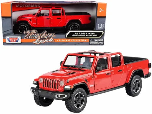 Red 1:27 scale die-cast pickup truck with open windows and black grille
