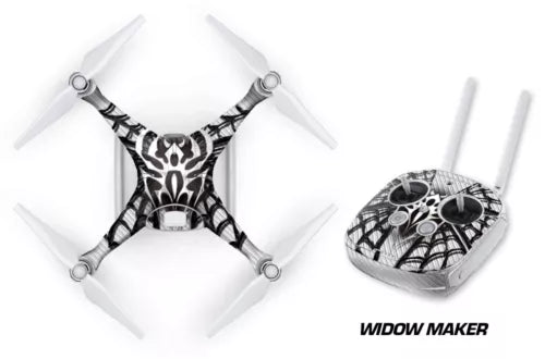 Drone wrap decal sticker with black spiderweb and skull graphic on white quadcopter body