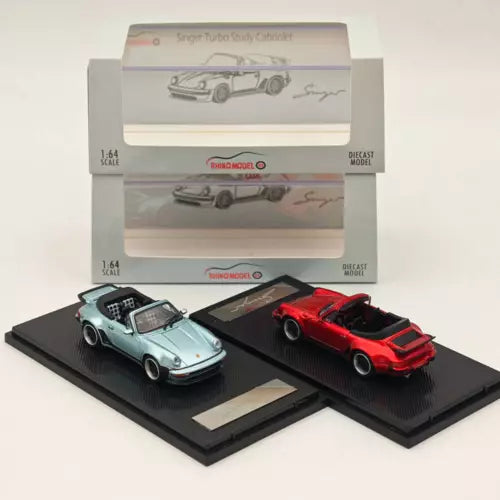 Diecast cabriolet toy cars: light blue and red on display bases