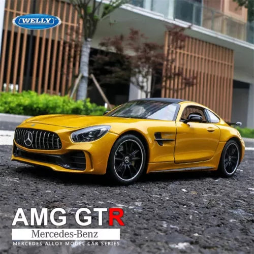 Welly 1:36 alloy sports car model diecast toy, yellow Mercedes-Benz AMG GT R front view