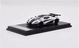Koenigsegg 1/64 scale silver and white diecast car model on black display base