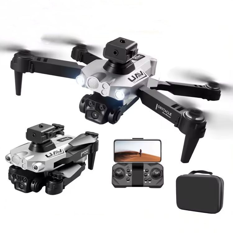Foldable quadcopter drone with triple cameras, remote controller, and carrying case