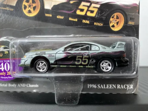 1:64 scale diecast race car, dark green with purple stripes and #55