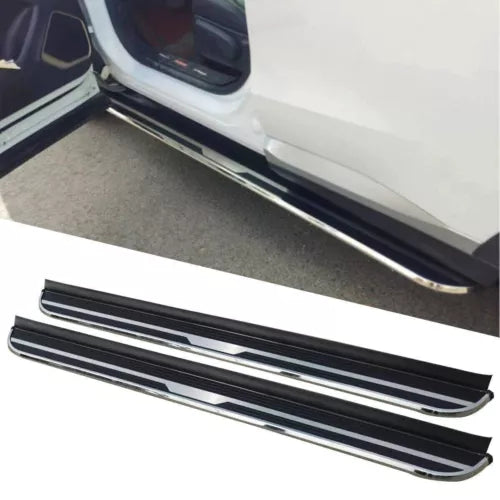 Black diecast sedan side steps with chrome trim, pair