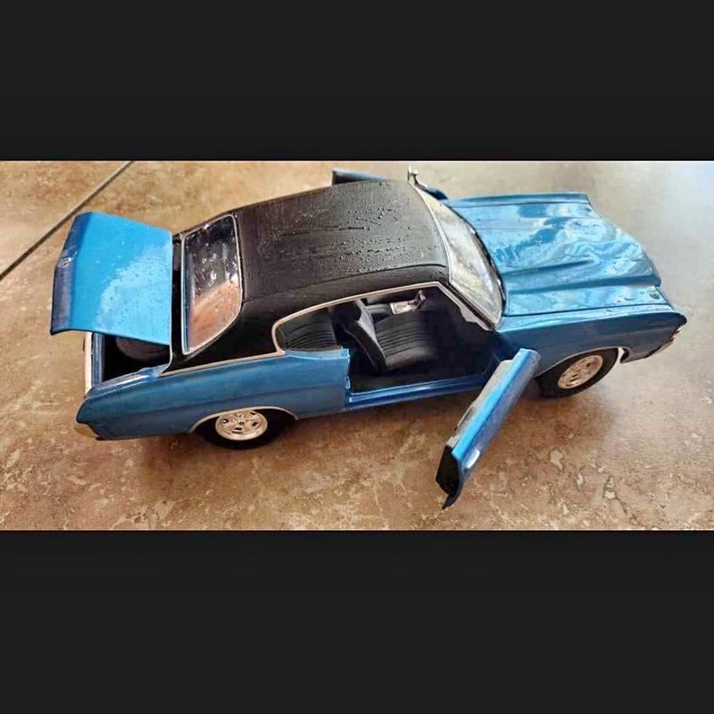 1/18 scale blue diecast car with open hood and driver-side door