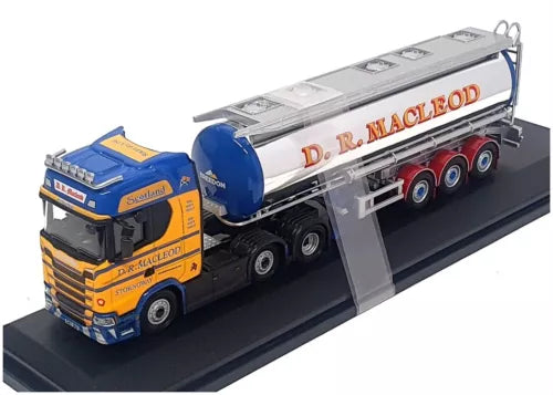Diecast tanker truck model with blue cab and silver-blue tanker marked D. R. Macleod