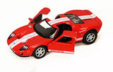 Red diecast sports car with white racing stripes and open doors