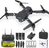 Foldable black quadcopter drone with controller, extra batteries, camera module, bag and props
