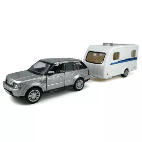 1:36 diecast Range Rover toy SUV with white motorhome trailer, gray body, blue stripe