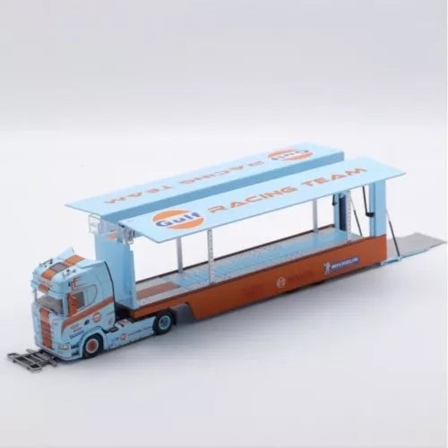 Blue and orange enclosed double-deck diecast truck model, left front view, Gulf livery